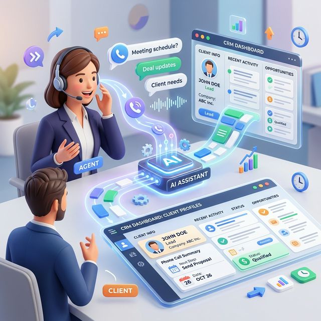 AI-generated post-call summary showing structured data fields and CRM icons